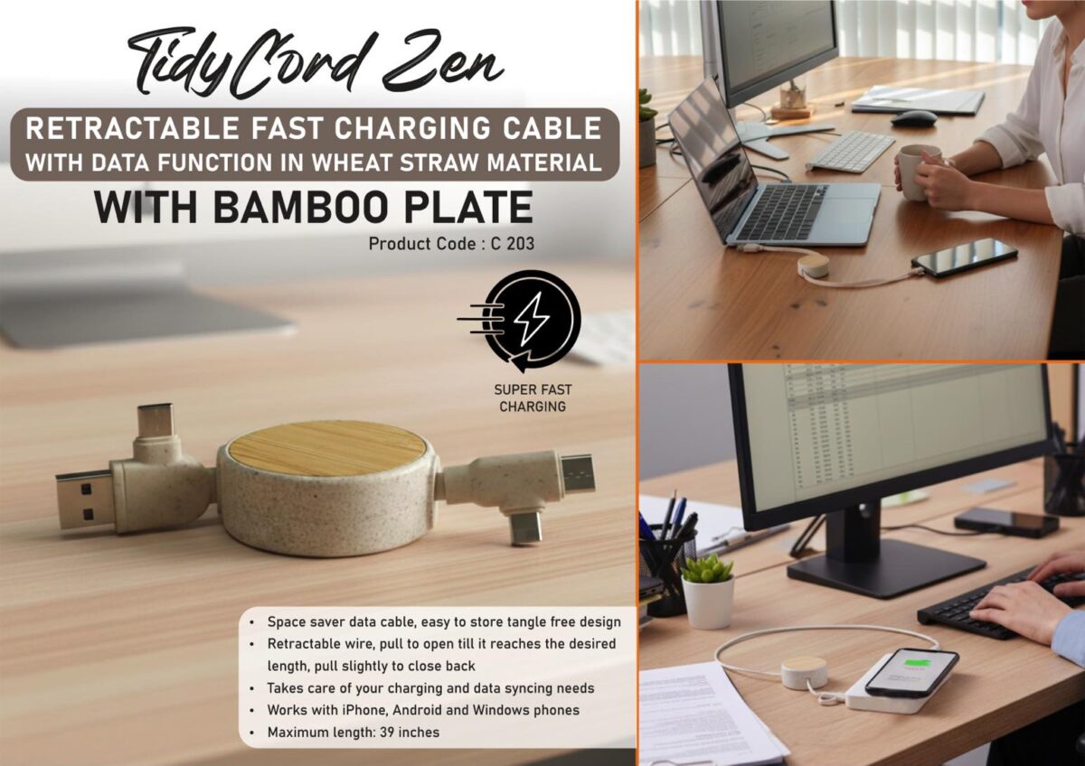 c203.jpg TidyCord Zen: Retractable Fast Charging cable with Data function in Wheat Straw material with Bamboo plate | Dual Input - Image 1