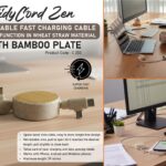 TidyCord Zen: Retractable Fast Charging cable with Data function in Wheat Straw material with Bamboo plate | Dual Input