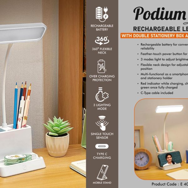 Podium Lite: Rechargeable LED lamp with Double stationery box and Phone stand | 3 Color light with Brightness adjustment | Type C Charging | 1200 mAh battery