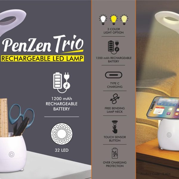 PenZen Trio: Rechargeable LED lamp with Pen stand tumbler and Phone stand | 3 Color light with Brightness adjustment | Type C Charging | 1200 mAh battery