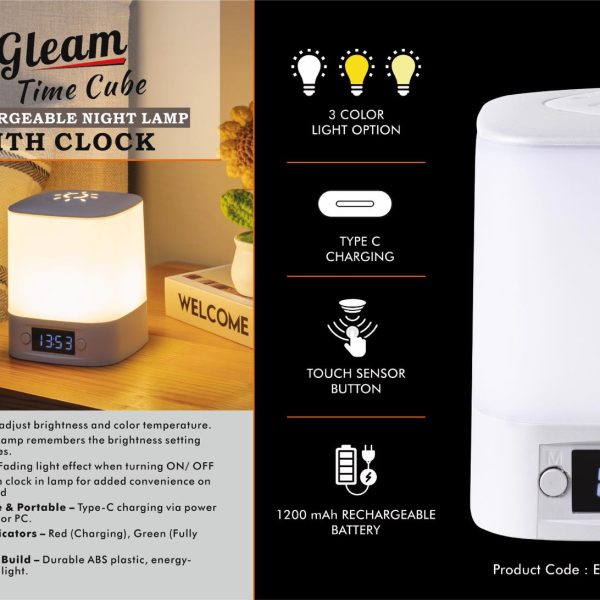 Gleam TimeCube: Soft touch Rechargeable Night Lamp with Clock | 3 Color light with Brightness adjustment | Type C Charging | 1200 mah battery