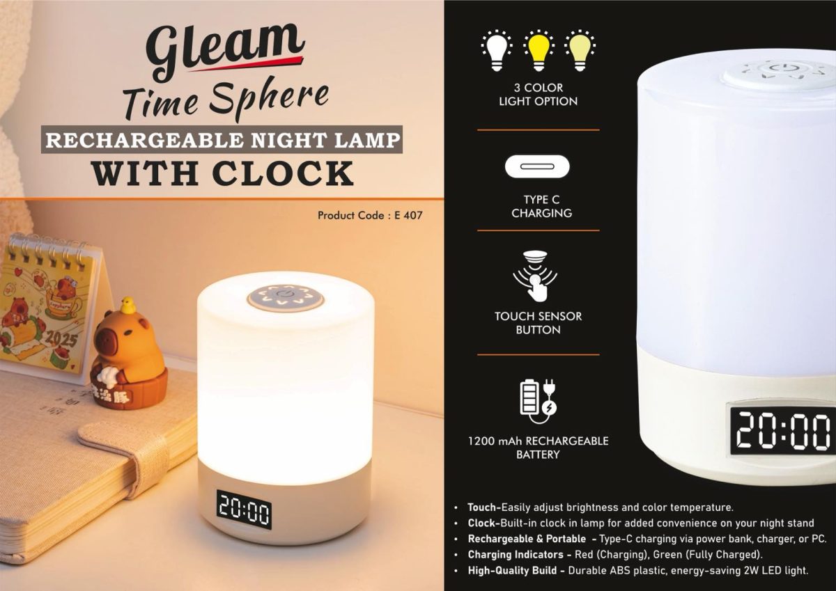 Gleam TimeSphere: Soft touch Rechargeable Night Lamp with Clock | 3 Color light with Brightness adjustment | Type C Charging | 1200 mah battery - Image 1