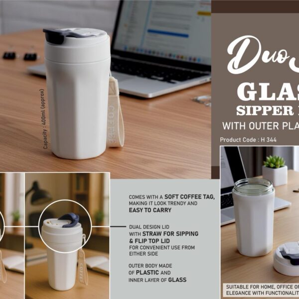 DuoSip: Glass sipper mug with outer Plastic body | Flip top lid and carry strap | Capacity 400ml (approx)