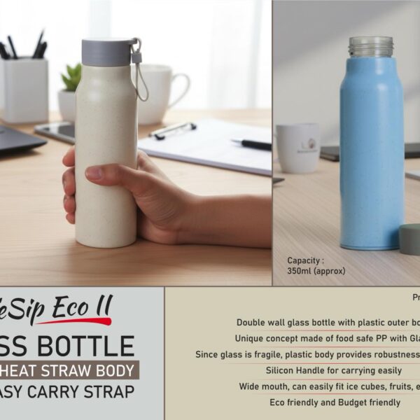 SafeSip Eco II: Glass bottle with wheat straw body and Easy carry strap | Capacity 350ml (approx)