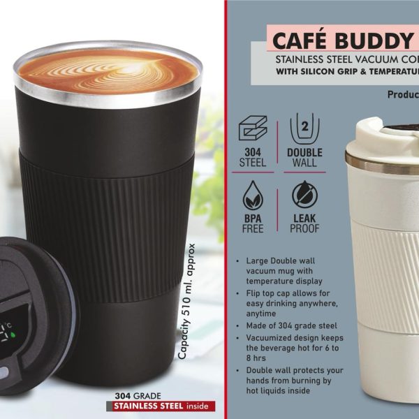 Cafe Buddy Pro: Stainless Steel Vacuum coffee mug with Silicon Grip & Temperature Display | Premium Flip top locking cap | Leakproof | Capacity 510ml approx