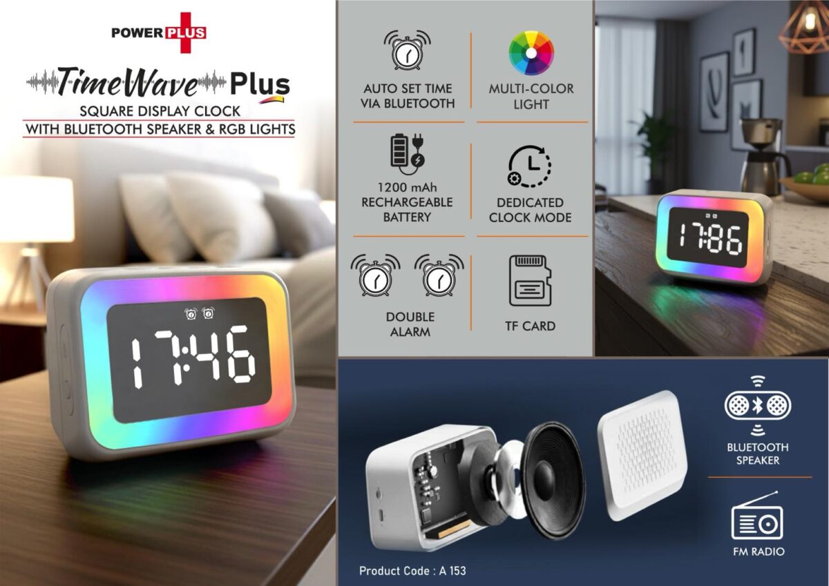 a153.jpg TimeWave Plus: Square display clock with Bluetooth speaker & RGB Lights | Mirror finish display | FM & TF card reader | 1200 mAh battery - Image 1
