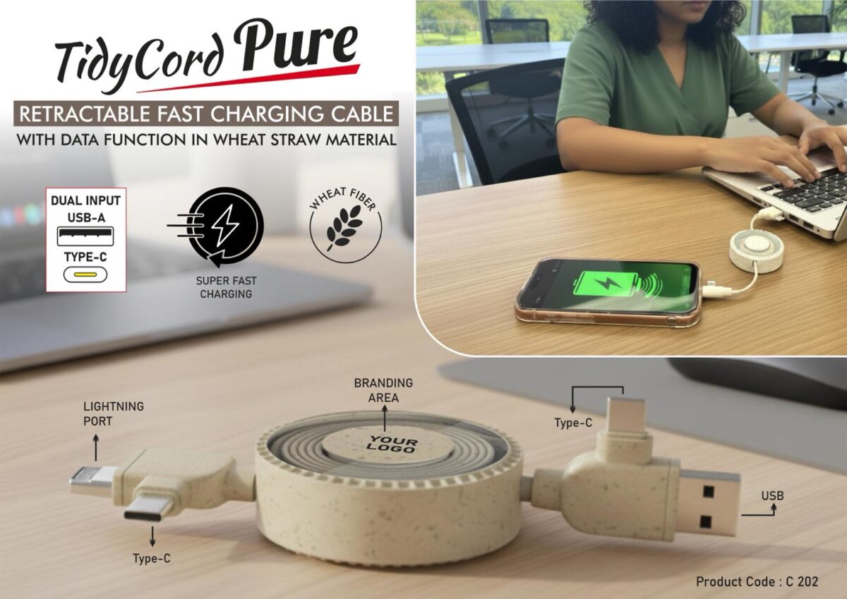 TidyCord Pure: Retractable Fast Charging cable with Data function in Wheat Straw material | Dual Input - Image 1
