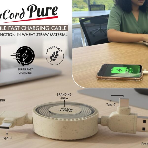 TidyCord Pure: Retractable Fast Charging cable with Data function in Wheat Straw material | Dual Input