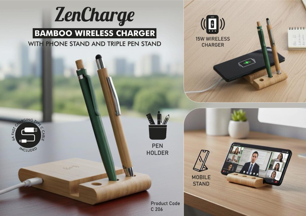 c206.jpg ZenCharge: Bamboo Wireless Charger with phone stand and triple pen stand | 15W wireless charger - Image 1