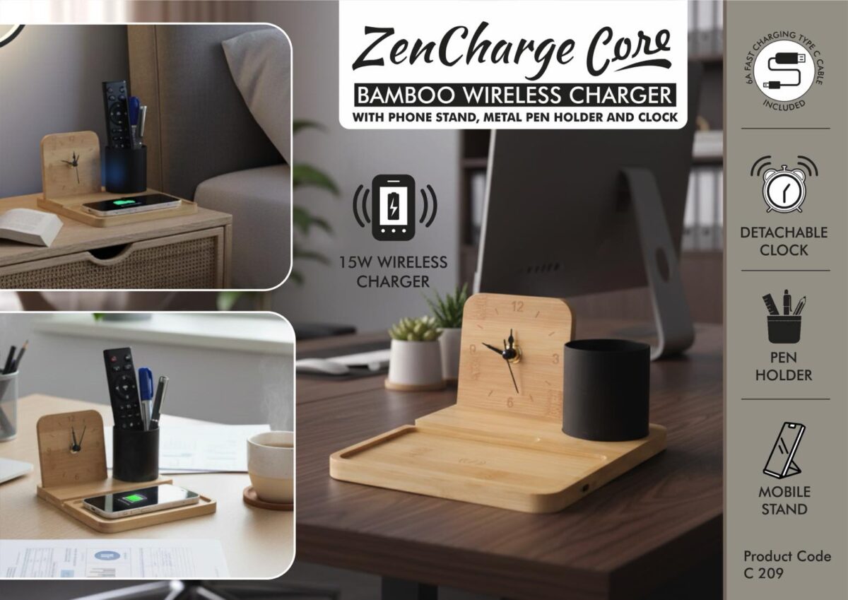 c209.jpg ZenCharge Core: Bamboo Wireless charger with phone stand, Metal Pen holder and Clock | 15W wireless charger - Image 1