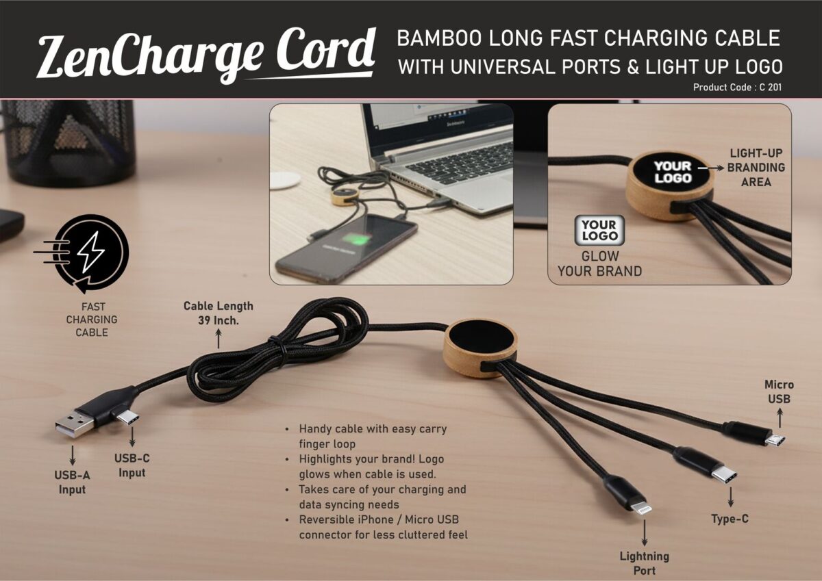 ZenCharge Cord: Bamboo Long Fast Charging Cable with Universal ports & Light up logo | Dual Input & Triple output | Nylon Braided wire - Image 1