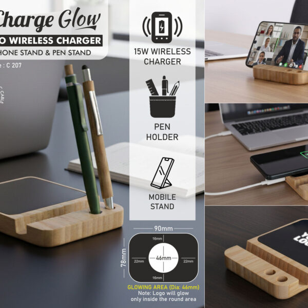 ZenCharge Glow: Bamboo Wireless Charger with Logo Highlight | Has a phone stand and pen stand | 15W wireless charger