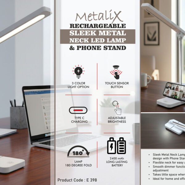 Metalix: Rechargeable Sleek metal neck LED lamp & Phone stand | 3 Color light with Brightness adjustment | Type C Charging