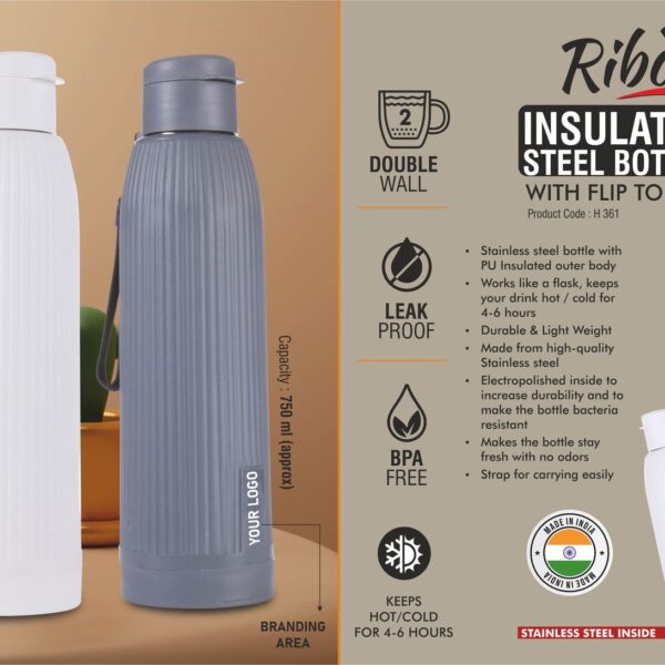 Ribd : Insulated Steel Bottle with flip top lid | Keeps Hot & Cold for 4-6 Hours | Strap for Carrying easily | Capacity 750 ml approx