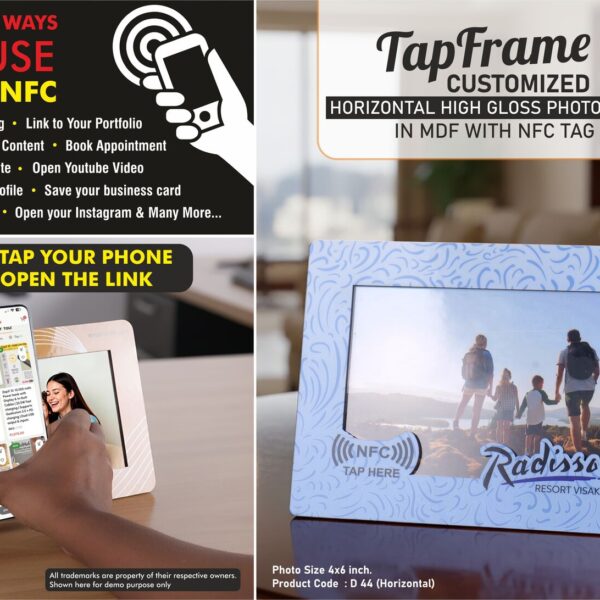 TapFrame: Customized High Gloss Photo Frame in MDF with NFC tag | Link to your Catalog, Website, Video, etc | Photo size 4x6 inch | Horizontal