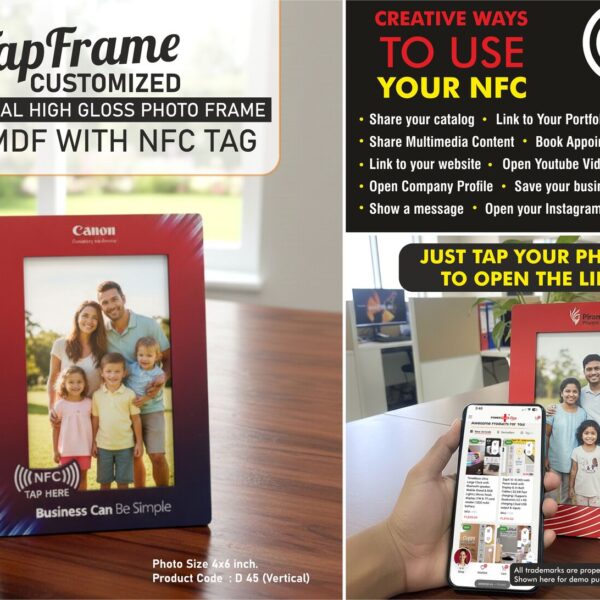 TapFrame: Customized High Gloss Photo Frame in MDF with NFC tag | Link to your Catalog, Website, Video, etc | Photo size 4x6 inch | Vertical