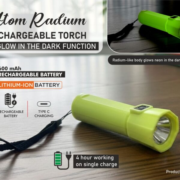 Atom Radium: Rechargeable torch with Glow in the Dark function | Type C charging | 600 mah battery | 4 hour working on single charge