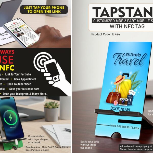 TapStand : Customized MDF 2 part Mobile stand with NFC Tag | Link to your Catalog, Website, Video, etc | Double angle adjustment