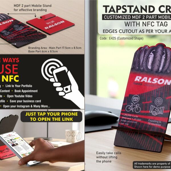 TapStand Craft : Customized MDF 2 part Mobile stand with NFC Tag | Link to your Catalog, Website, Video, etc | Edges cutout as per your artwork