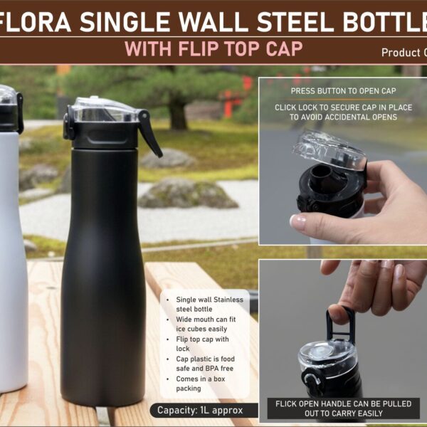 Flora Steel single wall bottle Colored with Flip top Cap | Capacity 1L approx