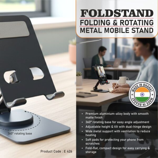 Foldstand: Folding & Rotating Metal Mobile Stand | Folds completely to take minimal space