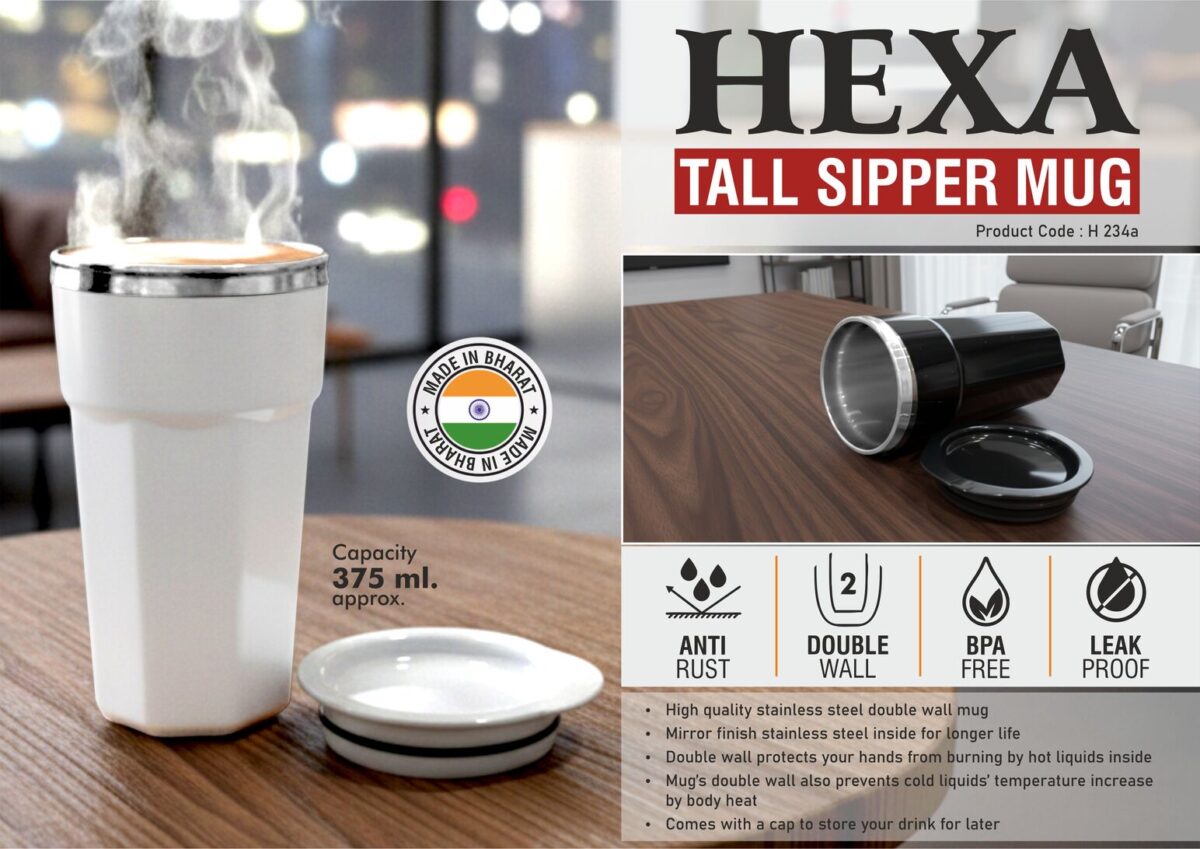 h234a.jpg Hexa : Tall sipper mug with Stainless steel inside | Capacity 375ml approx - Image 1
