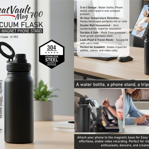 HeatVault Mag 700: Vacuum flask with Magnet phone stand | 304 steel inside & outside | 18 hours hot/cold | Capacity 700ml approx