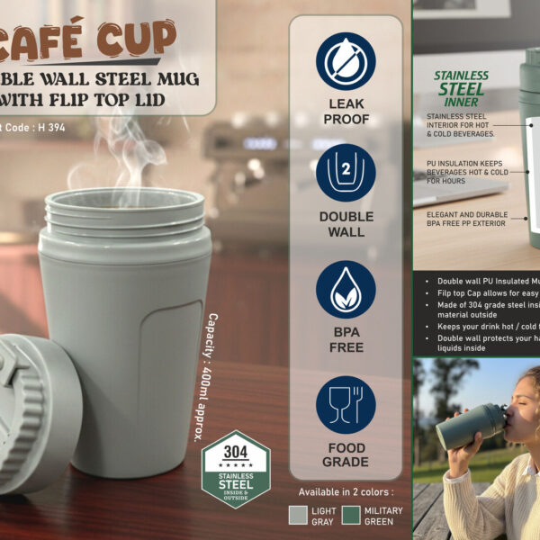 Cafe Cup: Double wall Steel mug with flip top lid | Capacity 400ml approx