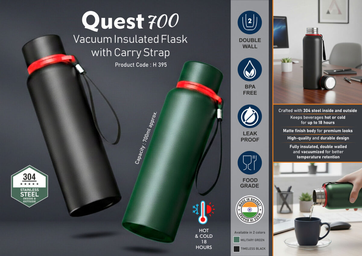 h395.jpg Quest 700: Vacuum Insulated Flask with Carry Strap | 304 steel inside & outside | 18 hours hot/cold | Metal plate on cap | Capacity 700ml approx - Image 1