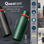 Quest 700: Vacuum Insulated Flask with Carry Strap | 304 steel inside & outside | 18 hours hot/cold | Metal plate on cap | Capacity 700ml approx
