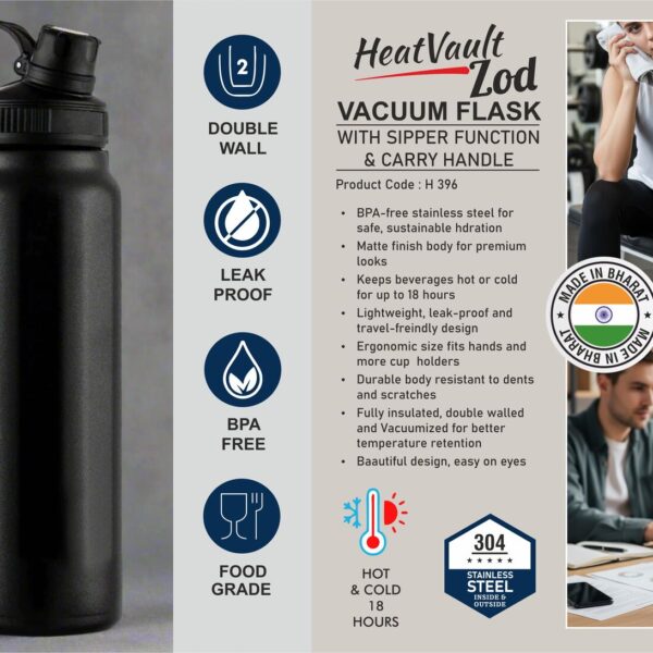 HeatVault Zod: Vacuum flask with Sipper function & Carry handle | 304 steel inside & outside | 18 hours hot/cold | Capacity 900ml approx