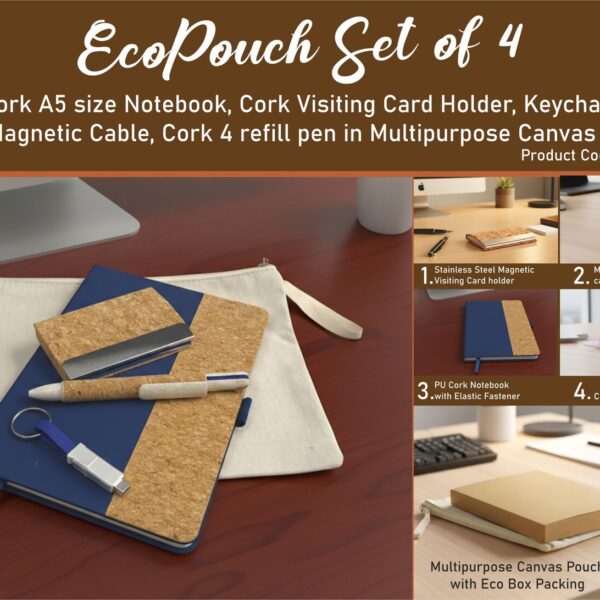 EcoPouch Set of 4: Cork Executive Kit in Multipurpose Canvas Pouch- Blue edition