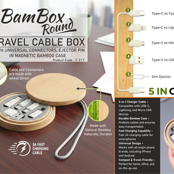 BamBox Round: Travel Cable box with universal connectors, ejector pin in Magnetic Bamboo Case