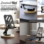 Zenstand Max (Small): Folding & Rotating Metal Mobile Stand with bamboo base | Folds completely to take minimal space