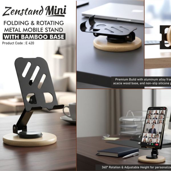 Zenstand Max (Small): Folding & Rotating Metal Mobile Stand with bamboo base | Folds completely to take minimal space