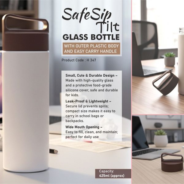 SafeSip Tilt: Glass bottle with outer plastic body and Easy carry handle | Capacity 425ml (approx)