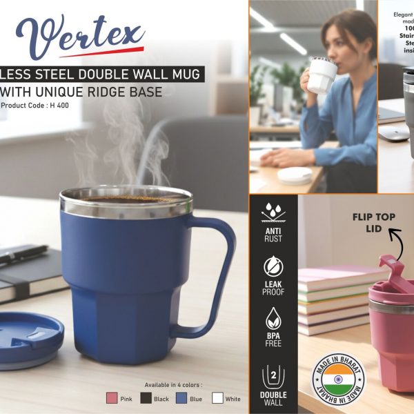 Vertex: Stainless Steel Double wall mug with Unique Ridge Base | Flip top lid | Leak Proof | Capacity 350ml approx