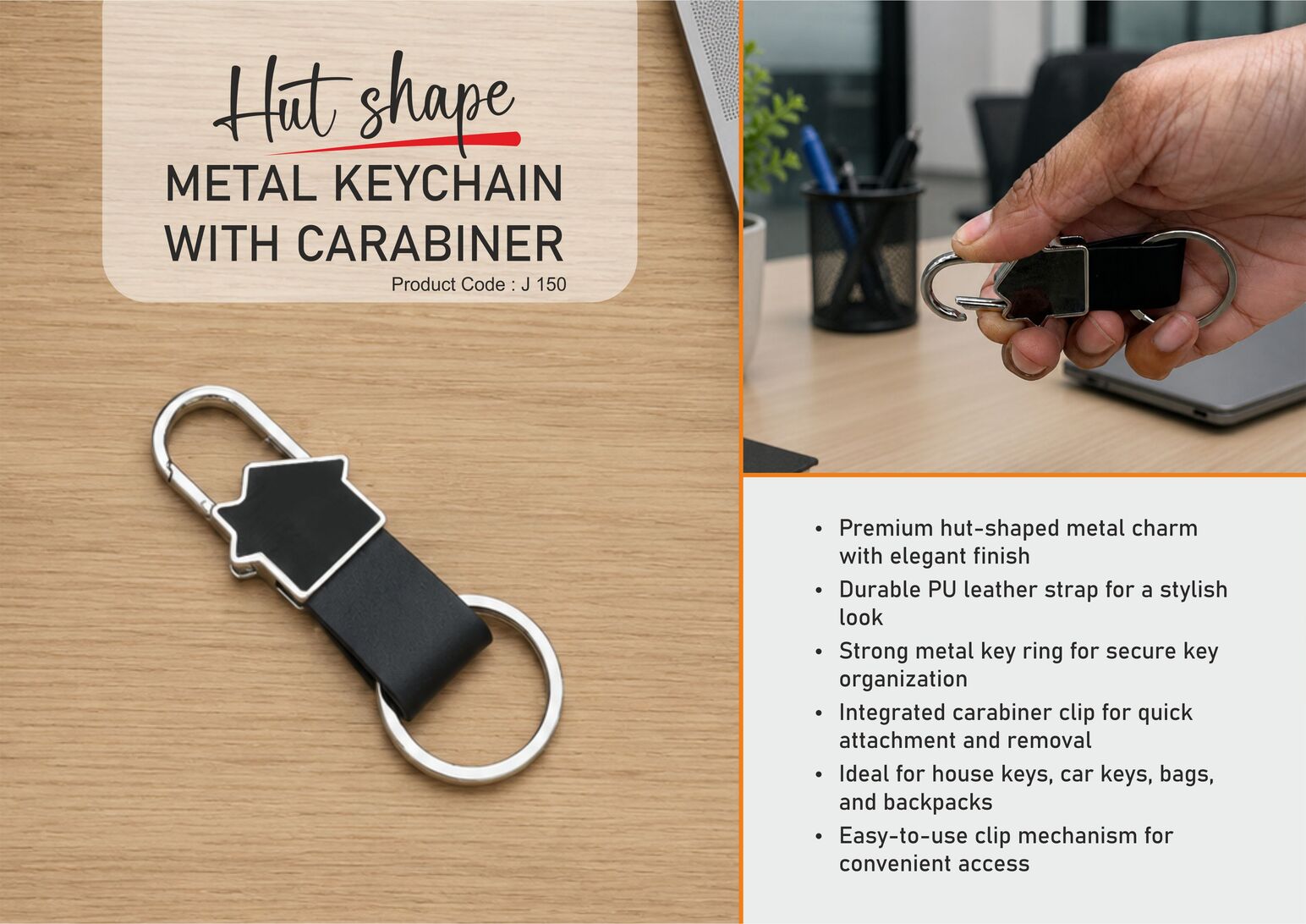 j150.jpg Hut shape metal keychain with carabiner | PU strap with ring - Image 1