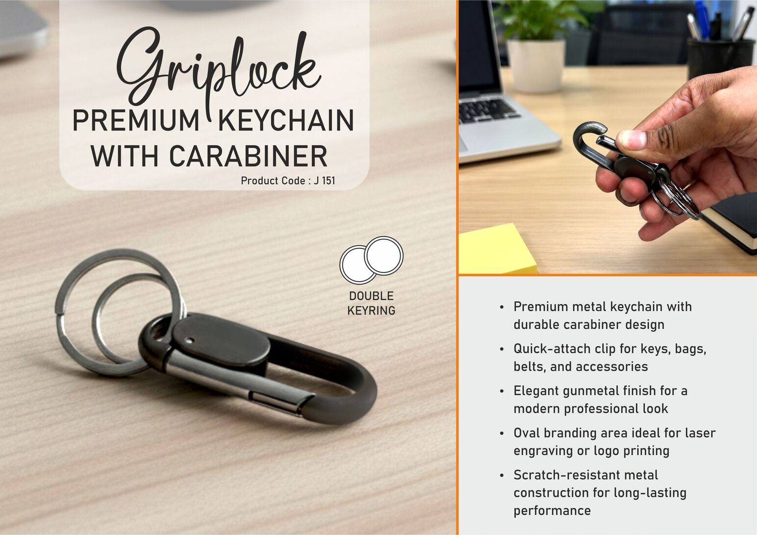 j151.jpg Griplock: Premium keychain with carabiner | Oval branding area - Image 1