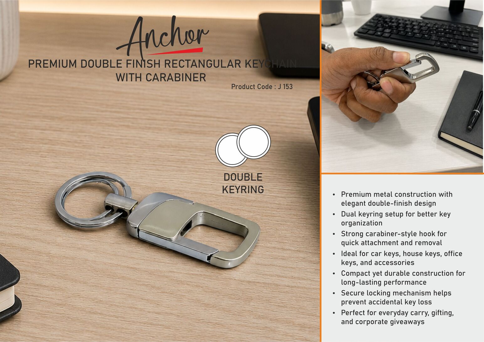 j153.jpg Anchor: Premium double finish rectangular keychain with carabiner | Double keyring - Image 1