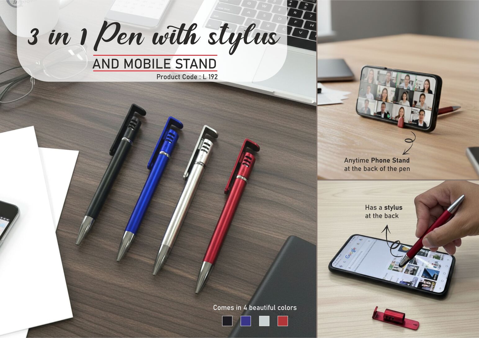 l192.jpg 3 in 1 Pen with stylus and mobile stand | Hidden stylus with detachable phone stand - Image 1