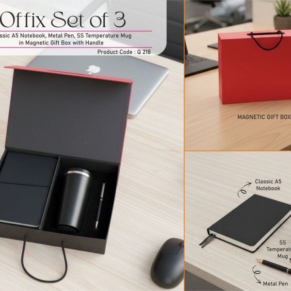 Offix Set of 3: Classic A5 Notebook, Metal Pen, SS Temperature Mug in Magnetic Gift Box with Handle