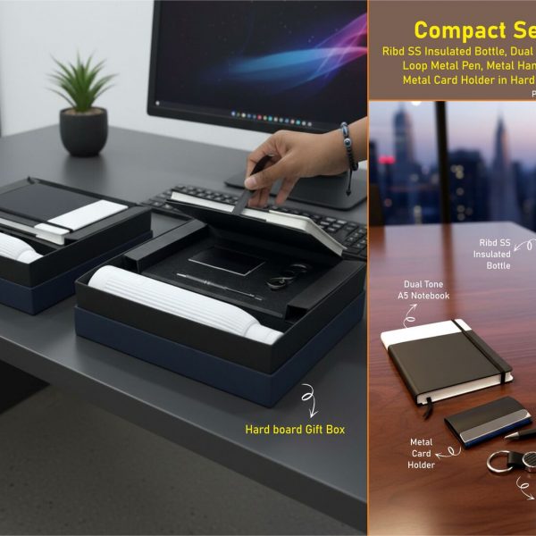 Compact Set of 5: Ribd SS Insulated Bottle, Dual Tone A5 Notebook, Loop Metal Pen, Metal Hanging Keychain, Metal Card Holder in Hard board Gift Box