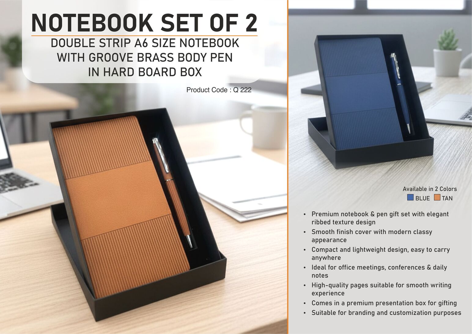 q222.jpg Notebook Set of 2: Double Strip A6 size Notebook, Groove Brass body pen in Hard board box - Image 1