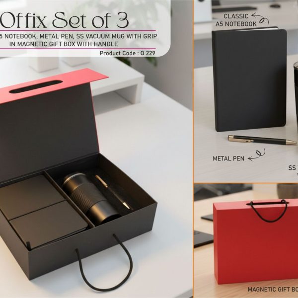 Offix Set of 3: Classic A5 Notebook, Metal Pen, SS Vacuum Mug with grip in Magnetic Gift Box with Handle