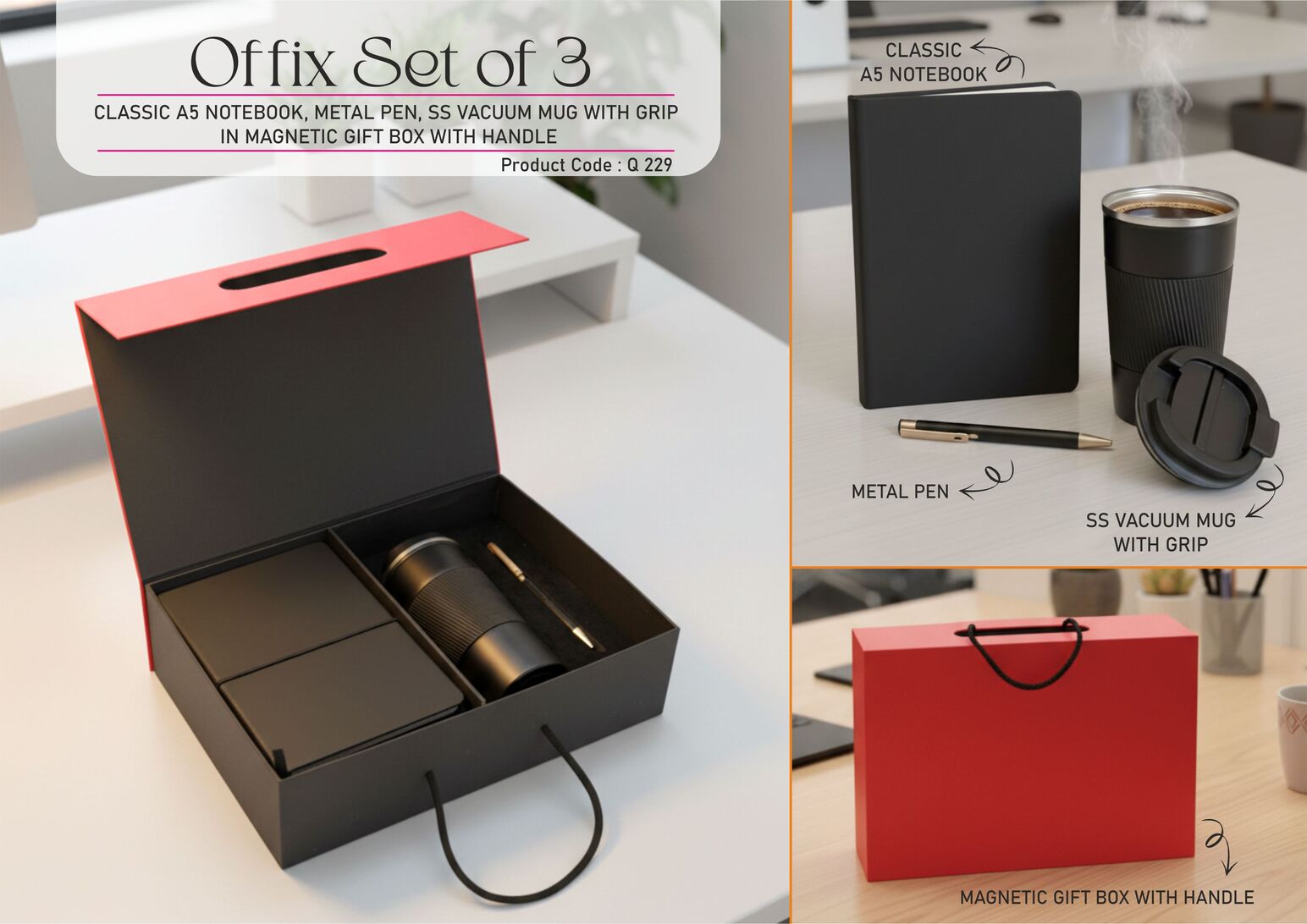 q229.jpg Offix Set of 3: Classic A5 Notebook, Metal Pen, SS Vacuum Mug with grip in Magnetic Gift Box with Handle - Image 1