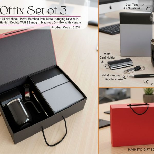 Offix Set of 5: Dual Tone A5 Notebook, Metal Bamboo Pen, Metal Hanging Keychain, Metal Card Holder, Double Wall SS mug in Magnetic Gift Box with Handle