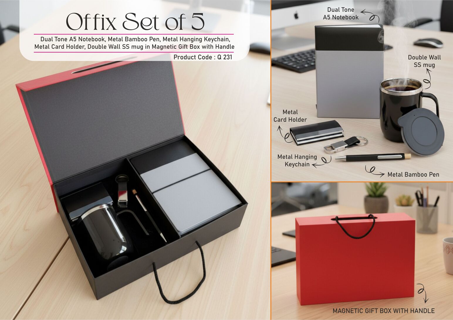 q231.jpg Offix Set of 5: Dual Tone A5 Notebook, Metal Bamboo Pen, Metal Hanging Keychain, Metal Card Holder, Double Wall SS mug in Magnetic Gift Box with Handle - Image 1