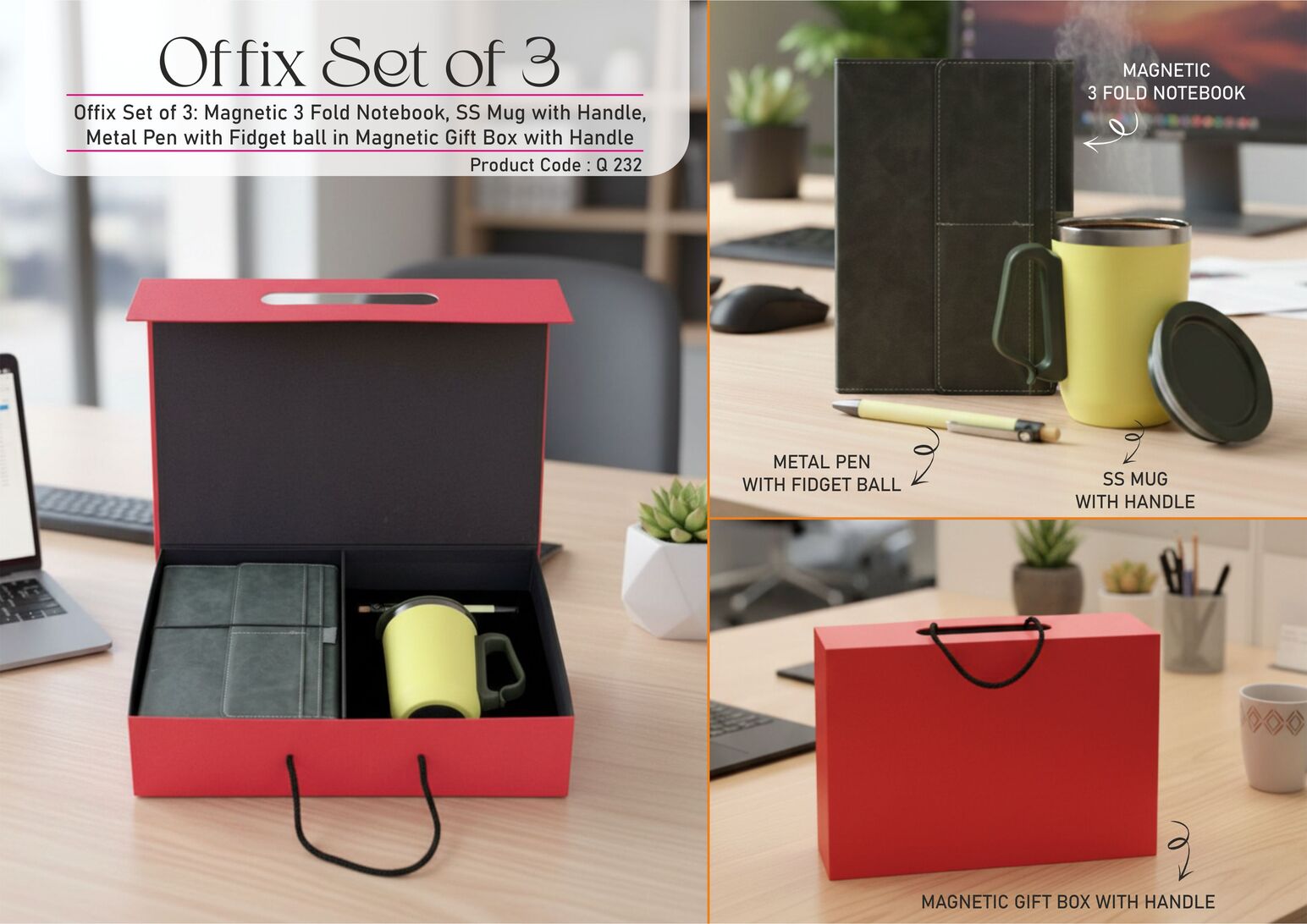 q232.jpg Offix Set of 3: Magnetic 3 Fold Notebook, SS Mug with Handle, Metal Pen with Fidget ball in Magnetic Gift Box with Handle - Image 1